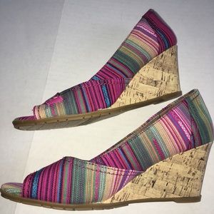 Life Stride Striped Canvas Cork Wedges Peep Toe,9W